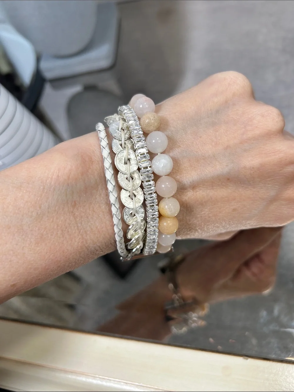 Elegant Stone Bead and Silver Multi-Stack Bracelet